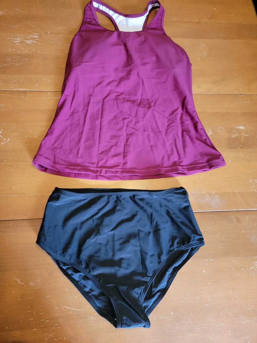 Magenta Racerback Tankini Top with Black High-Waist Bottoms - Picture 1 of 9